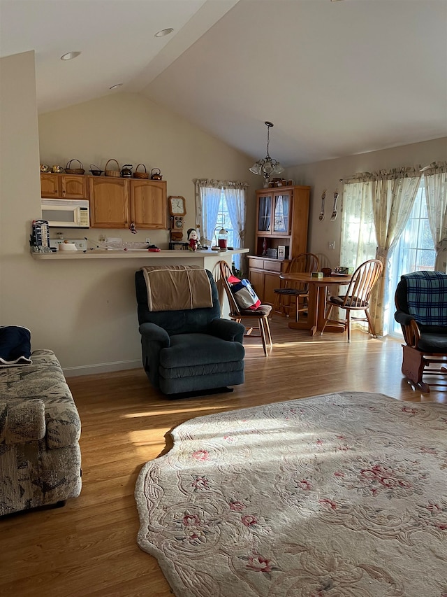 living room with lofted ceiling and light hardwood / wood-style flooring