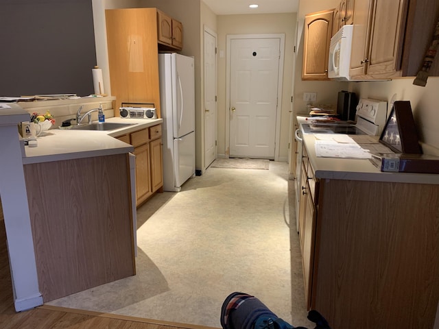 kitchen with sink, white appliances, and light wood-type flooring