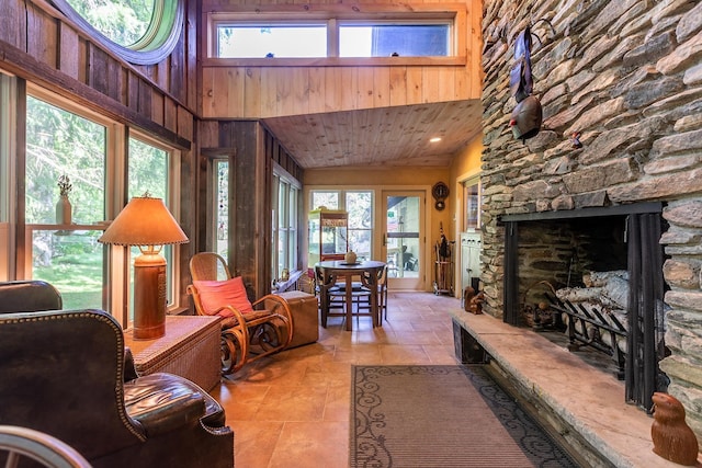 11 Founders Hill Rd, Winhall, VT 05340 - living room with wood ceiling, plenty of natural light, and a high ceiling