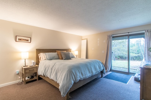 carpeted bedroom with a textured ceiling and access to exterior