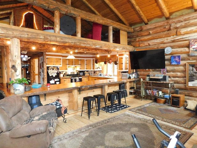 interior space featuring light hardwood / wood-style floors, rustic walls, beam ceiling, and wood ceiling