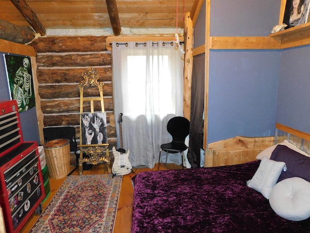 bedroom featuring wood ceiling, wood-type flooring, and beam ceiling