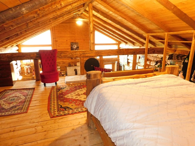 bedroom featuring lofted ceiling with beams, light wood-type flooring, wooden walls, and wooden ceiling