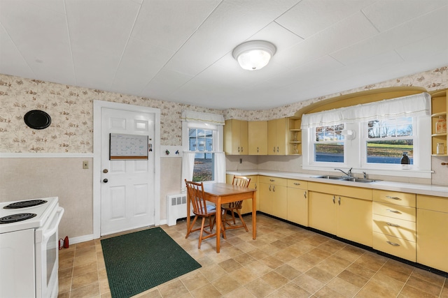 kitchen featuring white range with electric stovetop, radiator, and sink