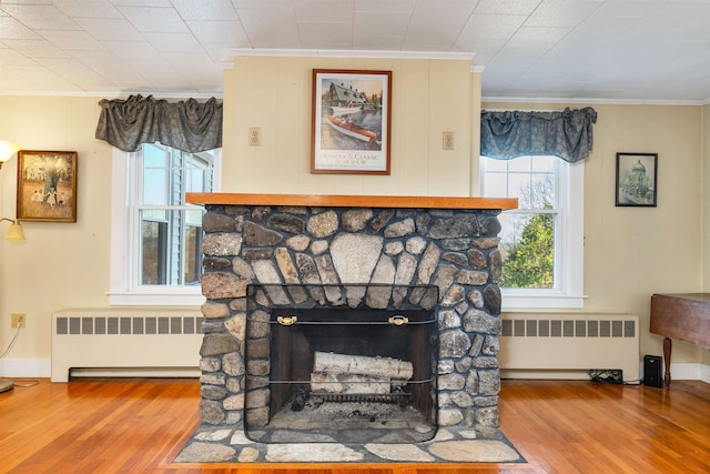 room details featuring a stone fireplace, radiator heating unit, and hardwood / wood-style floors