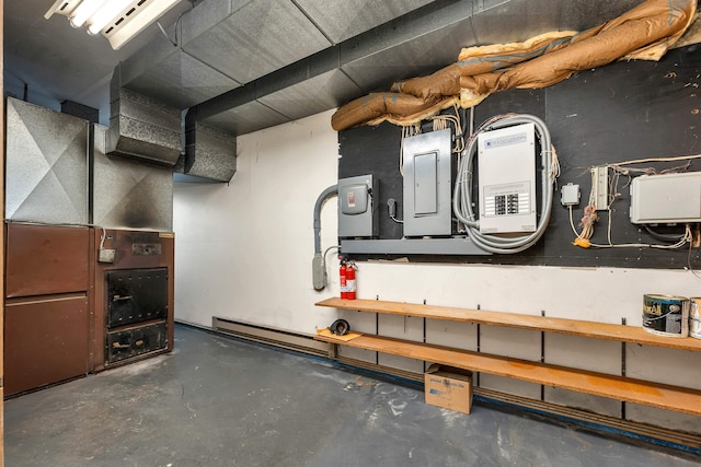 utility room with electric panel and heating unit