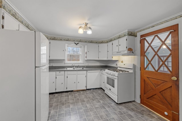 kitchen featuring tasteful backsplash, ornamental molding, sink, white cabinets, and white appliances