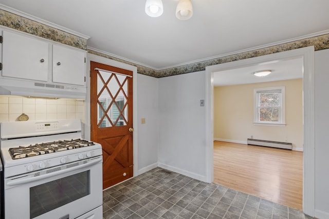 kitchen with tasteful backsplash, wood-type flooring, white cabinetry, gas range gas stove, and baseboard heating