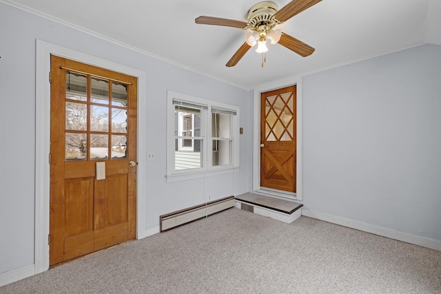 doorway featuring a baseboard radiator, carpet floors, and ceiling fan