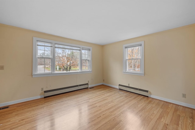 spare room featuring light hardwood / wood-style floors and a baseboard radiator