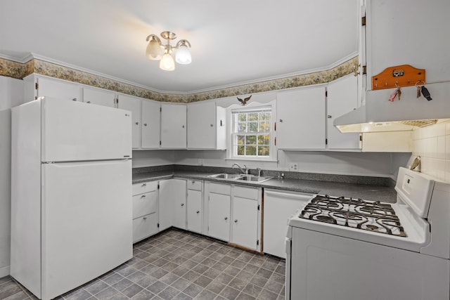 kitchen featuring white cabinets, white appliances, and sink