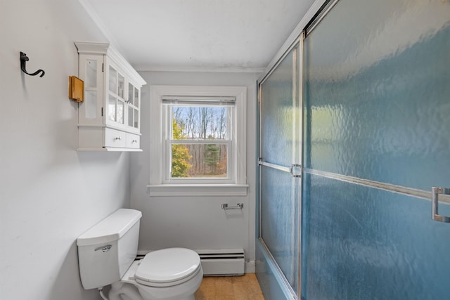 bathroom featuring a baseboard radiator, toilet, an enclosed shower, and ornamental molding