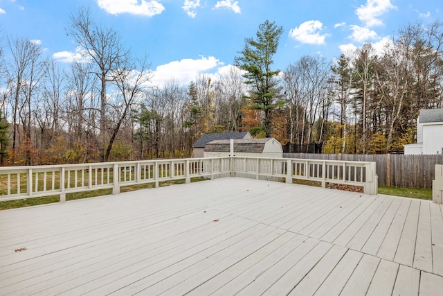 deck with a storage shed