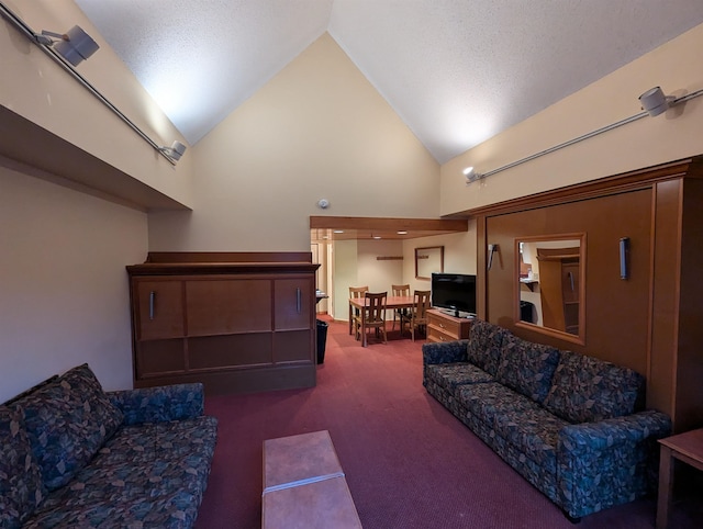 living room with high vaulted ceiling and dark carpet