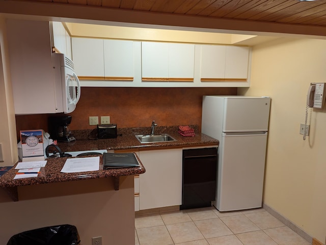 kitchen featuring white cabinetry, white appliances, sink, and wooden ceiling