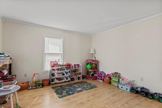 rec room with ornamental molding and wood-type flooring