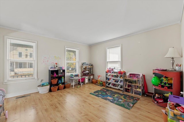 game room featuring wood-type flooring and crown molding