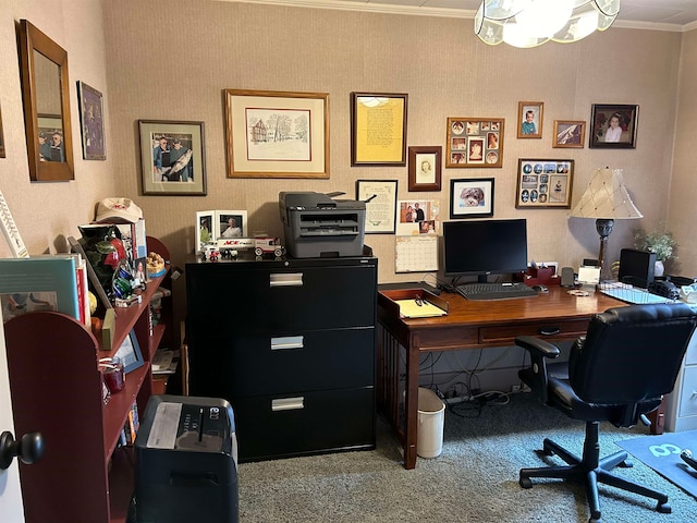 carpeted home office featuring ornamental molding