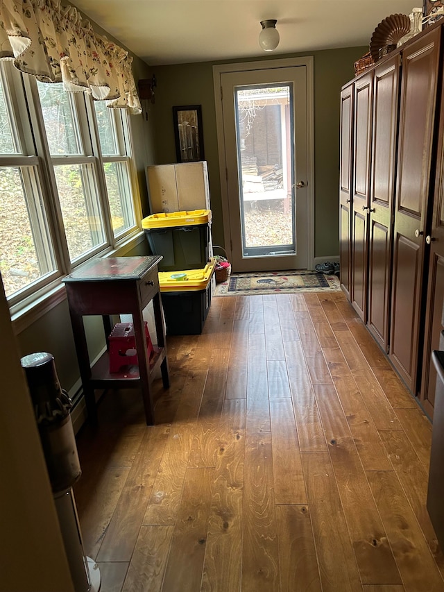 doorway with dark hardwood / wood-style flooring