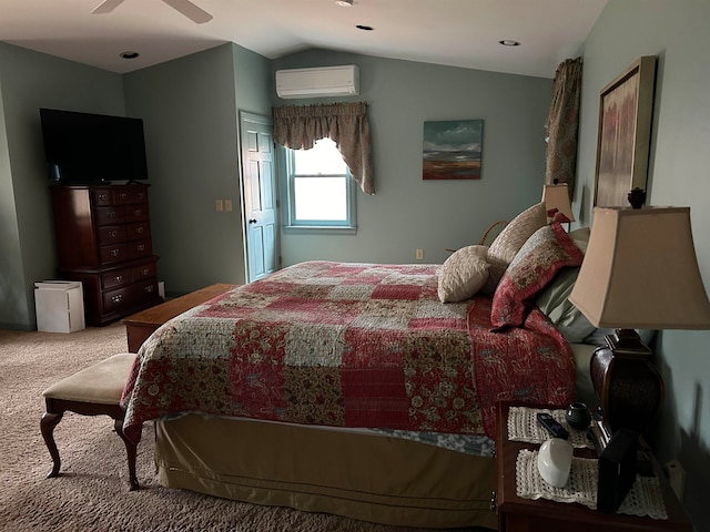 carpeted bedroom featuring a wall unit AC, lofted ceiling, and ceiling fan