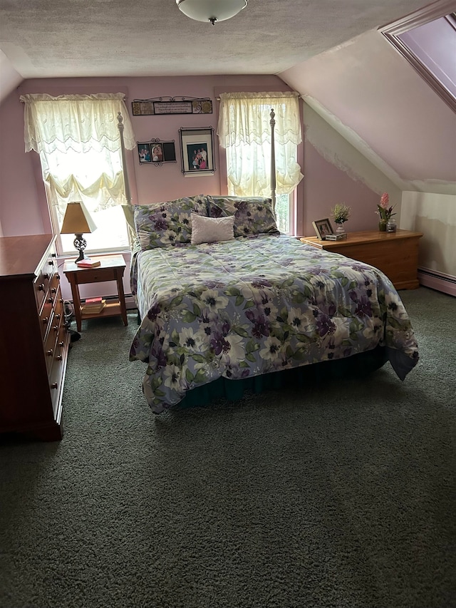 carpeted bedroom featuring lofted ceiling and a textured ceiling