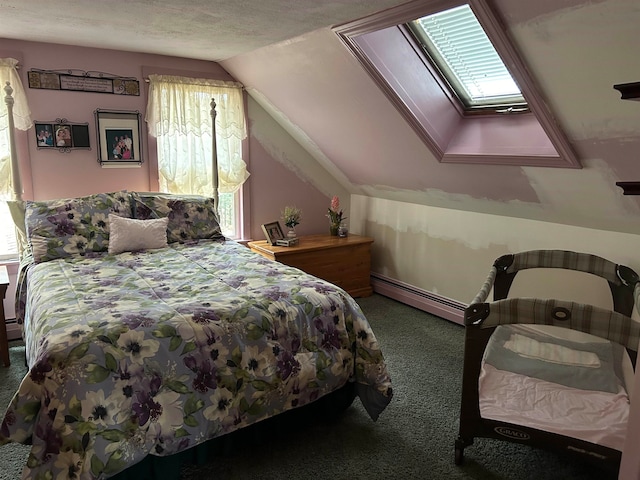 bedroom featuring a textured ceiling, vaulted ceiling, baseboard heating, and carpet floors