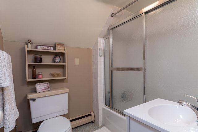 bathroom with vanity, toilet, baseboard heating, combined bath / shower with glass door, and vaulted ceiling