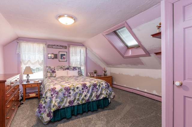 bedroom featuring vaulted ceiling with skylight, a baseboard radiator, and carpet flooring