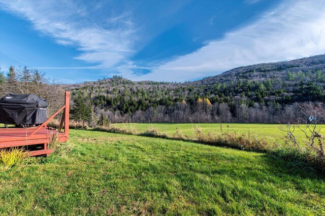 1319 Brandon Mountain Rd, Rochester, VT 05767 - view of grassy yard with a view of trees, a deck with mountain view, and a rural view