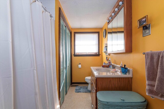 1319 Brandon Mountain Rd, Rochester, VT 05767 - bathroom featuring toilet, vanity, a textured ceiling, and a shower with shower curtain