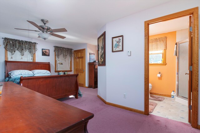 1319 Brandon Mountain Rd, Rochester, VT 05767 - carpeted bedroom with baseboards, ensuite bathroom, and a ceiling fan