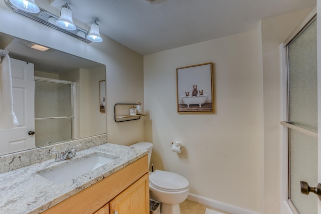 bathroom featuring tile patterned flooring, vanity, toilet, and a shower with door