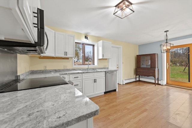 kitchen featuring pendant lighting, light hardwood / wood-style floors, white cabinetry, and stainless steel dishwasher