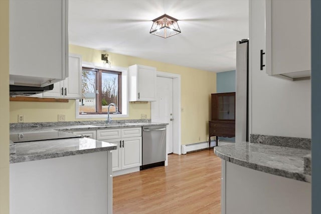 kitchen featuring dishwasher, white cabinets, sink, light hardwood / wood-style flooring, and baseboard heating