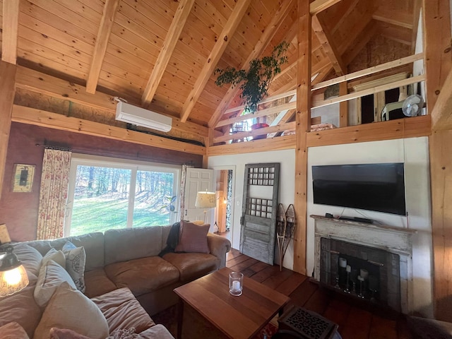 living room with beamed ceiling, wood ceiling, a wall mounted air conditioner, and high vaulted ceiling