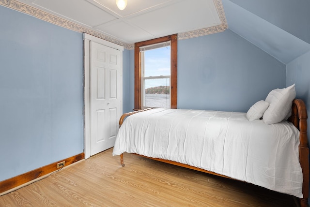 bedroom featuring wood-type flooring, lofted ceiling, and a closet