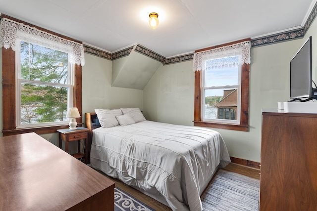 bedroom featuring hardwood / wood-style flooring and multiple windows