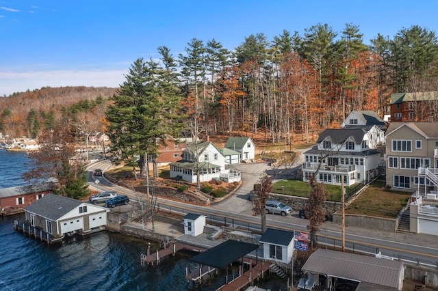 drone / aerial view with a water view