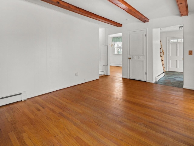 67 Case Pkwy, Burlington, VT 05401 - unfurnished room featuring a baseboard radiator, beam ceiling, wood finished floors, baseboard heating, and baseboards