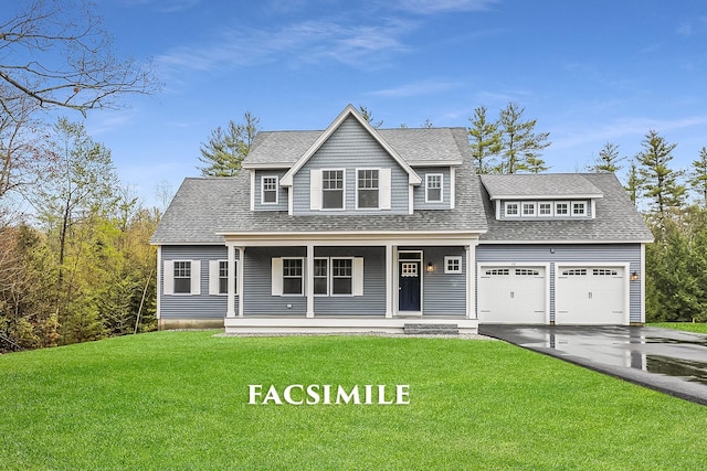 view of front of house featuring a porch, a front lawn, and a garage