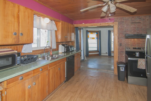 43 Maple St, Orleans, VT 06860 - kitchen featuring stainless steel appliances, a sink, wooden ceiling, under cabinet range hood, and brown cabinetry
