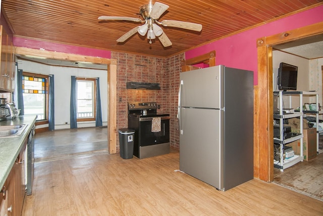 43 Maple St, Orleans, VT 06860 - kitchen featuring appliances with stainless steel finishes, wood ceiling, a ceiling fan, light wood-type flooring, and exhaust hood