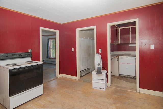 43 Maple St, Orleans, VT 06860 - kitchen featuring white appliances and a baseboard radiator