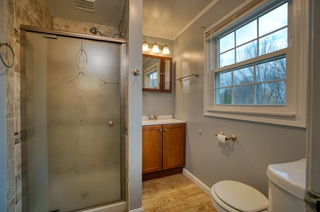 bathroom featuring vanity, wood-type flooring, toilet, and walk in shower