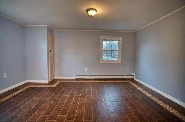 unfurnished room featuring dark hardwood / wood-style flooring, a baseboard heating unit, and ornamental molding