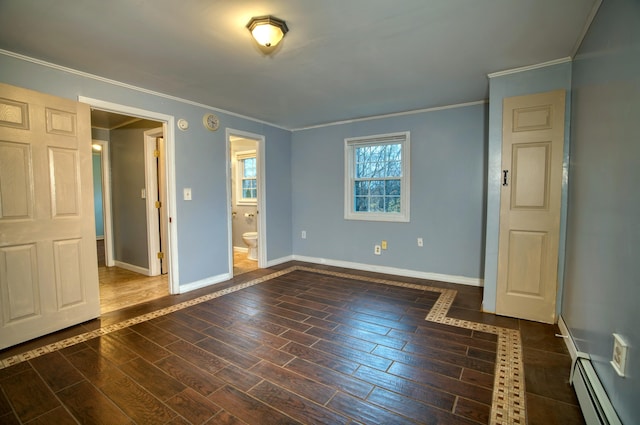 unfurnished bedroom with ensuite bath, a baseboard radiator, ornamental molding, and dark hardwood / wood-style floors