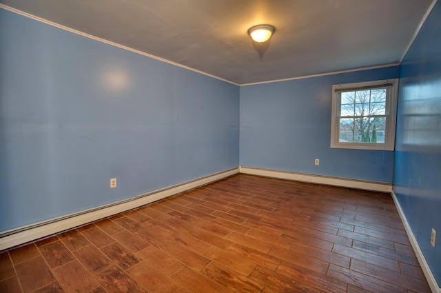 unfurnished room featuring a baseboard heating unit, ornamental molding, and hardwood / wood-style floors