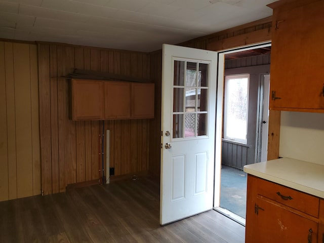 kitchen featuring wood walls and light hardwood / wood-style flooring