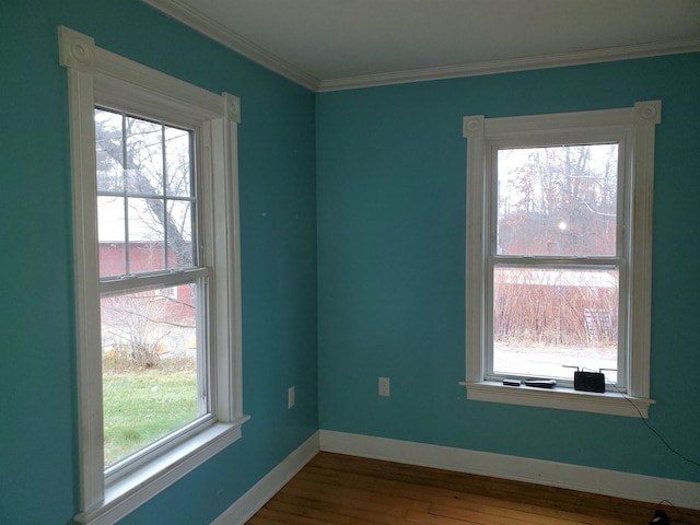 spare room with hardwood / wood-style floors, plenty of natural light, and crown molding