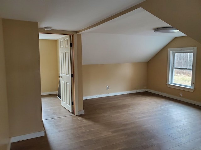 additional living space with light wood-type flooring and vaulted ceiling